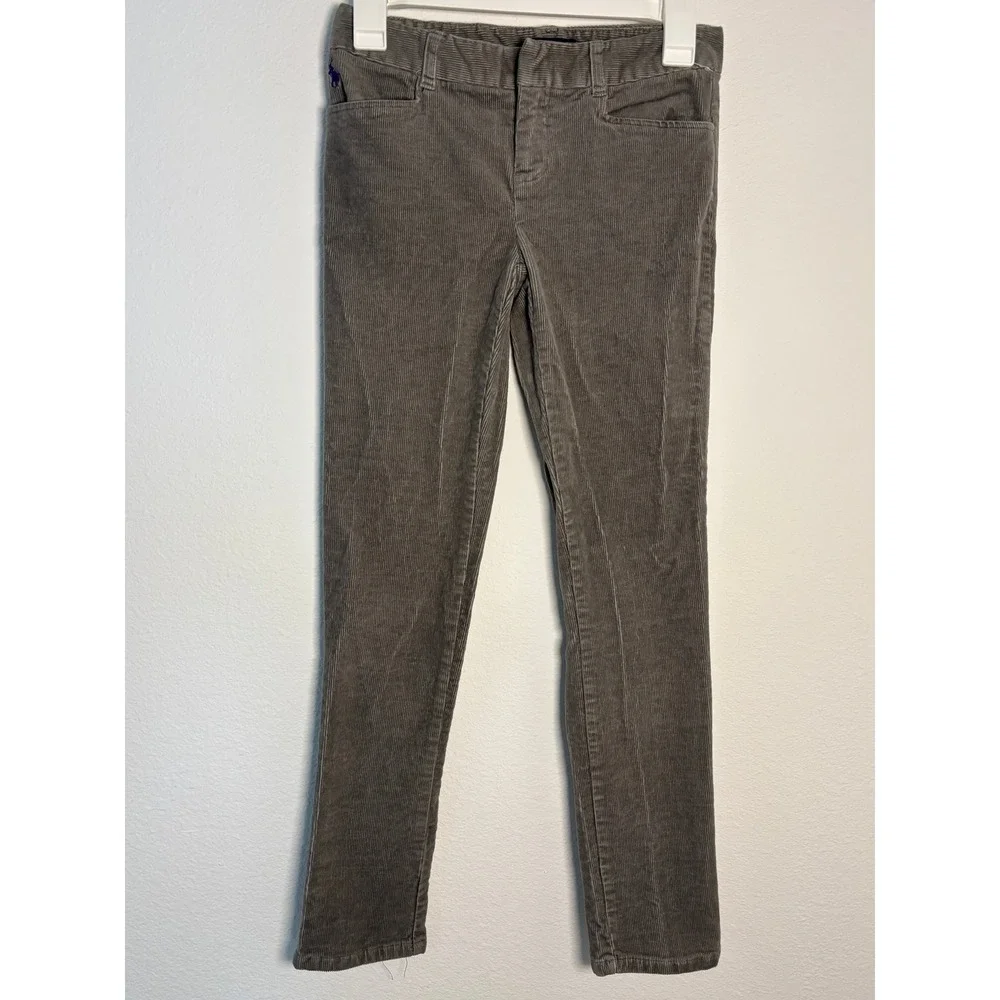 Ralph Lauren Girls Grey Corduroy Slim Pants Size 12 Purple Pony Logo